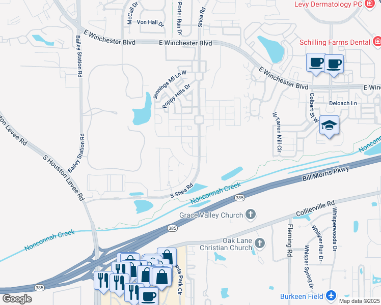 map of restaurants, bars, coffee shops, grocery stores, and more near 1611 Jennings Mill ln S in Collierville