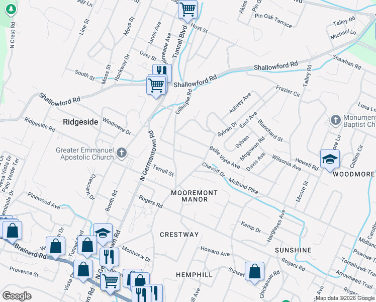 map of restaurants, bars, coffee shops, grocery stores, and more near 604 Belle Vista Avenue in Chattanooga