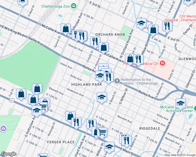 map of restaurants, bars, coffee shops, grocery stores, and more near 1712 Bailey Avenue in Chattanooga