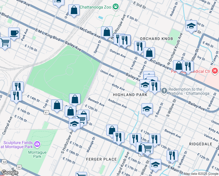 map of restaurants, bars, coffee shops, grocery stores, and more near 709 South Highland Park Avenue in Chattanooga
