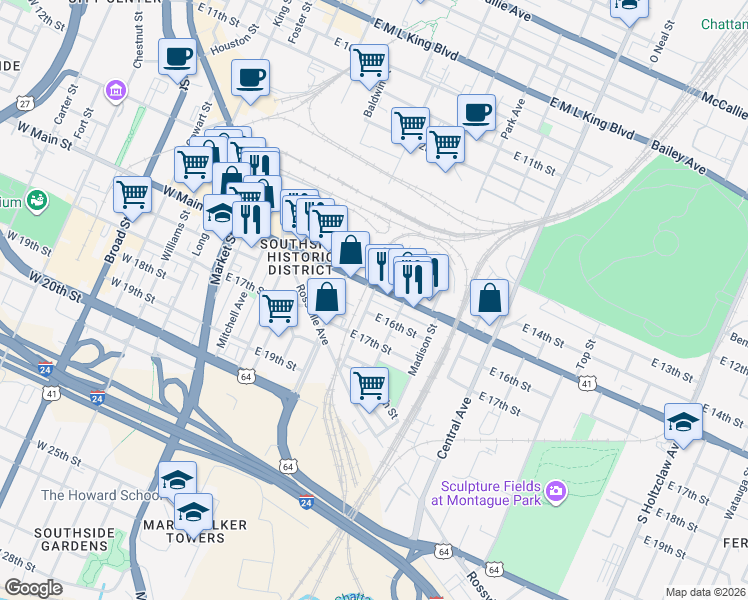 map of restaurants, bars, coffee shops, grocery stores, and more near in Chattanooga