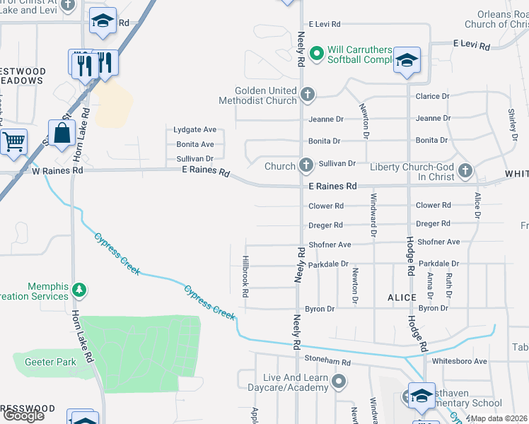 map of restaurants, bars, coffee shops, grocery stores, and more near 166 Clower Road in Memphis
