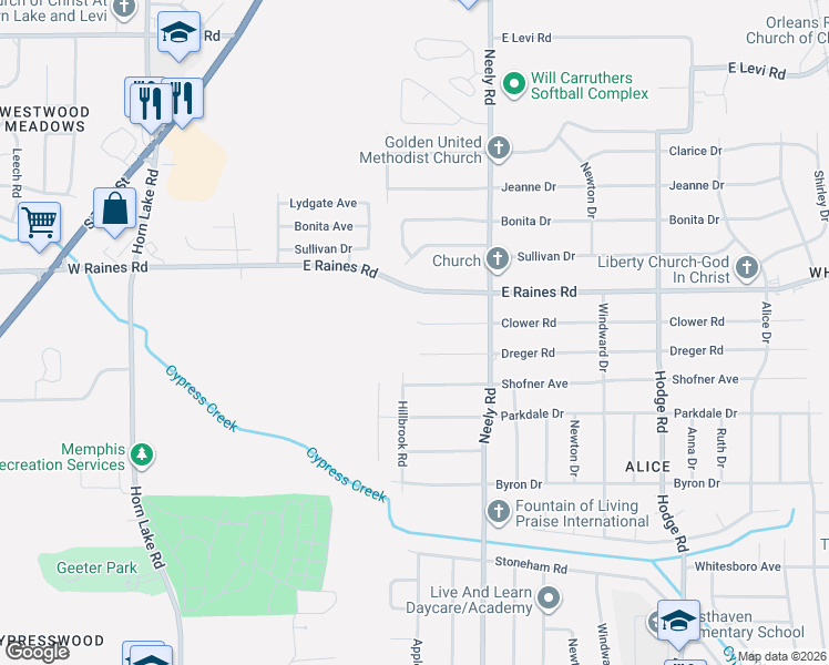 map of restaurants, bars, coffee shops, grocery stores, and more near 166 Clower Road in Memphis