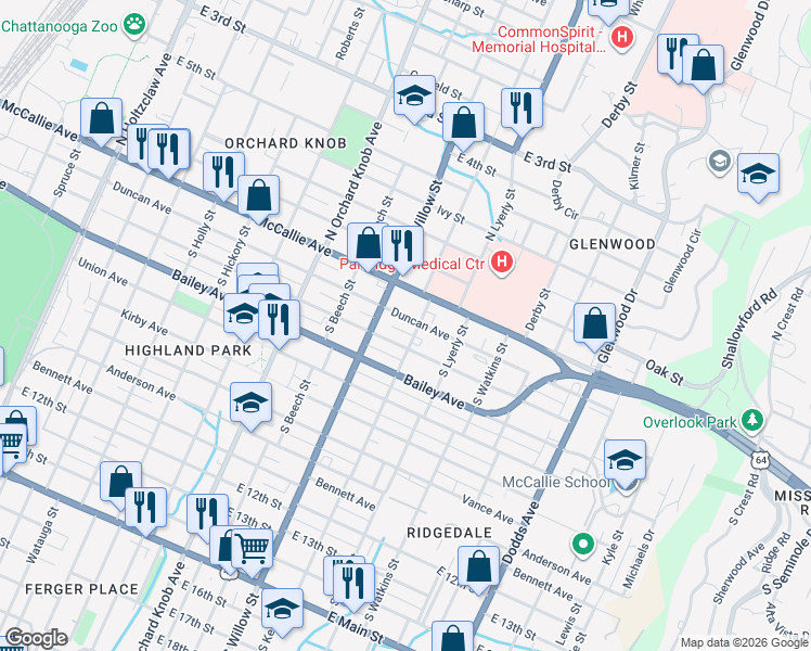 map of restaurants, bars, coffee shops, grocery stores, and more near in Chattanooga
