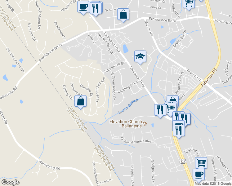 map of restaurants, bars, coffee shops, grocery stores, and more near 12131 Landing Place Lane in Charlotte
