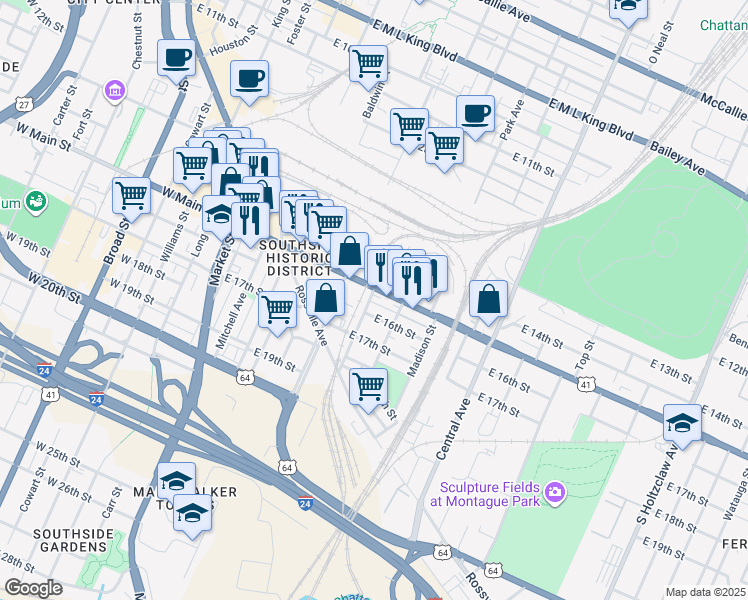 map of restaurants, bars, coffee shops, grocery stores, and more near in Chattanooga