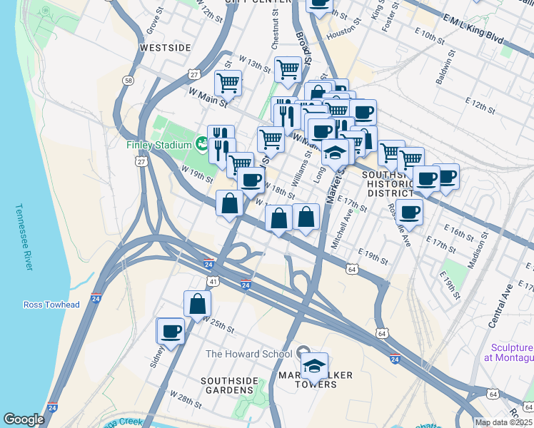 map of restaurants, bars, coffee shops, grocery stores, and more near 1900 Broad Street in Chattanooga