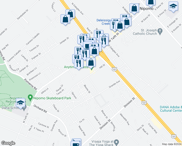 map of restaurants, bars, coffee shops, grocery stores, and more near 193 Jerome Court in Nipomo