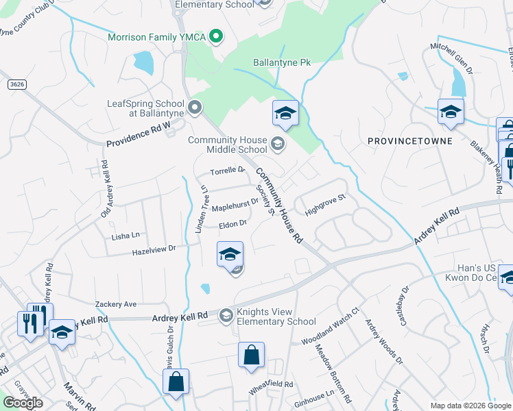 map of restaurants, bars, coffee shops, grocery stores, and more near 8527 Society Street in Charlotte