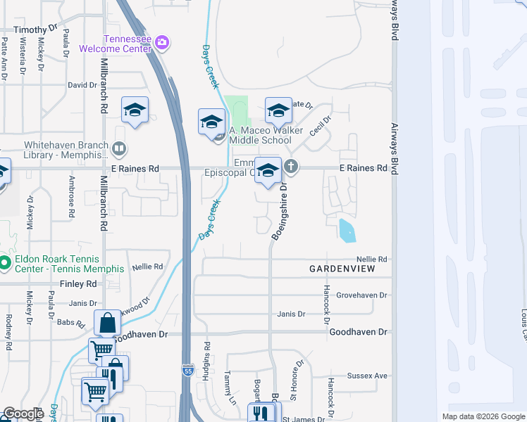 map of restaurants, bars, coffee shops, grocery stores, and more near 4164 Rainwood Drive in Memphis