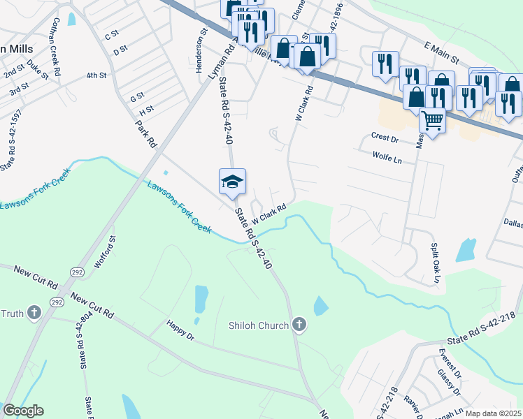 map of restaurants, bars, coffee shops, grocery stores, and more near Timberlake View Circle in Inman