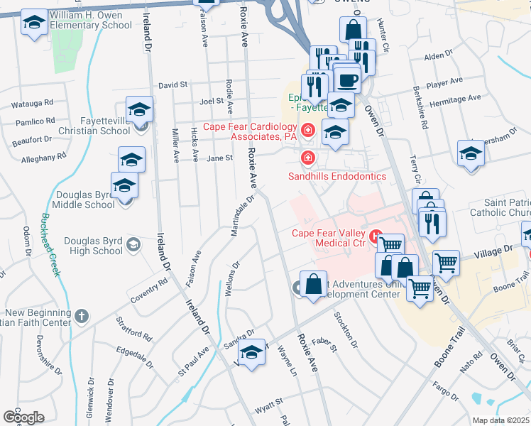 map of restaurants, bars, coffee shops, grocery stores, and more near 1502 Roxie Avenue in Fayetteville
