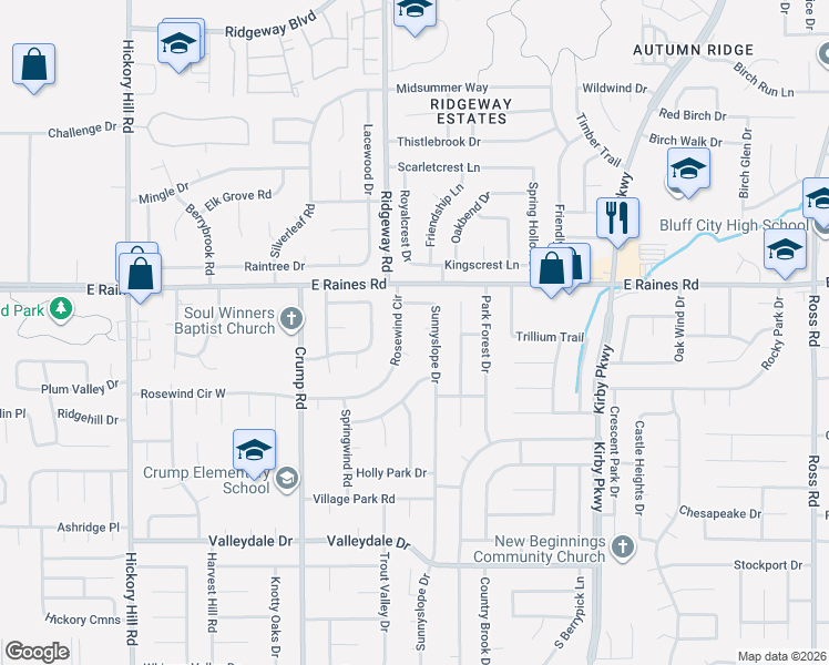 map of restaurants, bars, coffee shops, grocery stores, and more near 4187 Rosewind Circle in Memphis