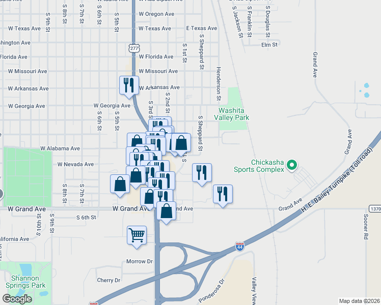 map of restaurants, bars, coffee shops, grocery stores, and more near 1607 South 1st Street in Chickasha