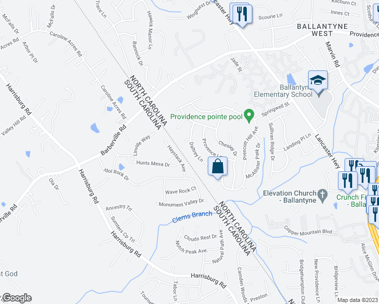 map of restaurants, bars, coffee shops, grocery stores, and more near 13820 Daltrey Lane in Charlotte