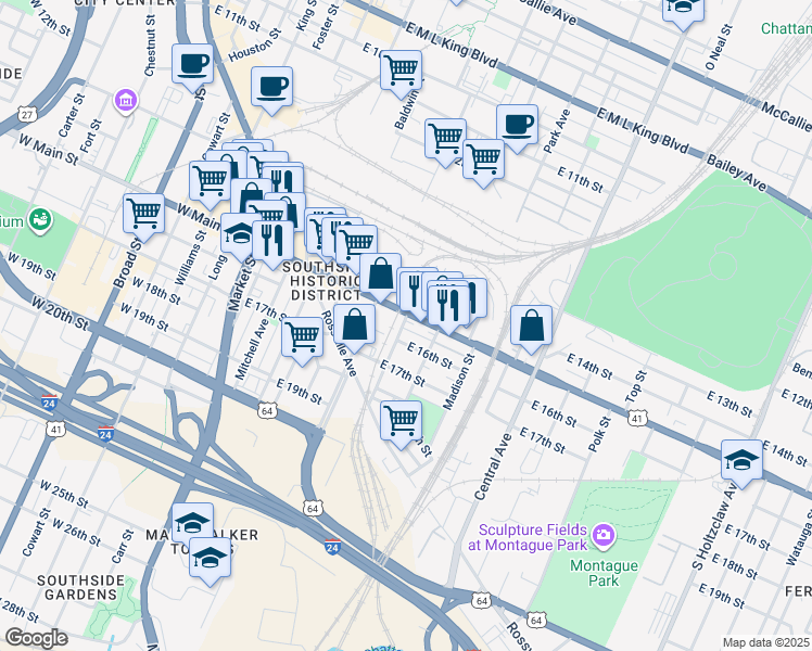 map of restaurants, bars, coffee shops, grocery stores, and more near in Chattanooga
