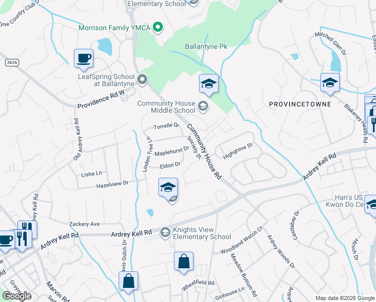 map of restaurants, bars, coffee shops, grocery stores, and more near 11005 Maplehurst Drive in Charlotte