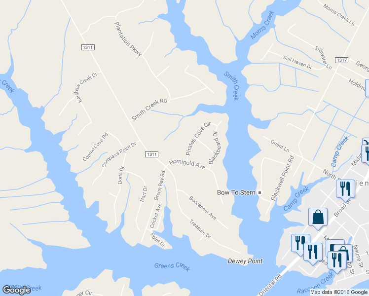 map of restaurants, bars, coffee shops, grocery stores, and more near 1005 Pirates Cove Circle in Oriental