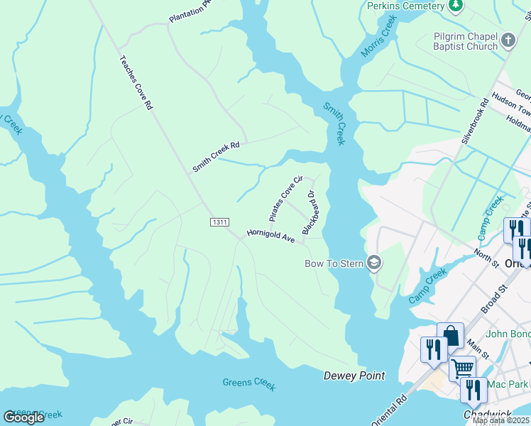 map of restaurants, bars, coffee shops, grocery stores, and more near 1005 Pirates Cove Circle in Oriental