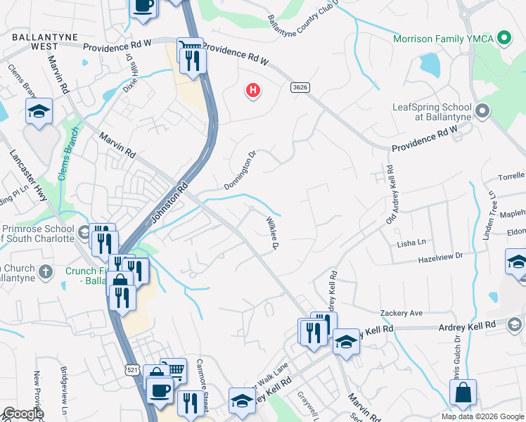 map of restaurants, bars, coffee shops, grocery stores, and more near 15214 Sapphire Hill Lane in Charlotte