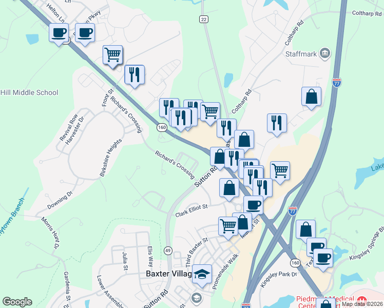 map of restaurants, bars, coffee shops, grocery stores, and more near 1364 Barnett Woods in Fort Mill