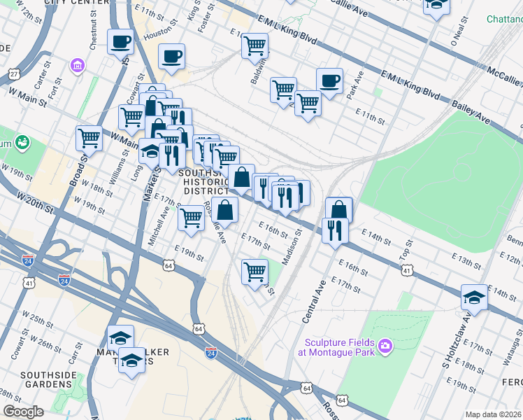 map of restaurants, bars, coffee shops, grocery stores, and more near 1427 Jefferson Street in Chattanooga