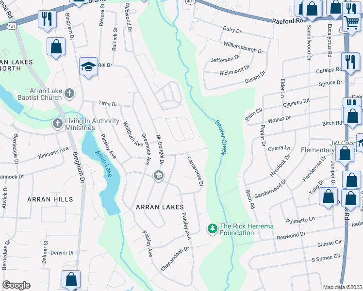 map of restaurants, bars, coffee shops, grocery stores, and more near 1439 Tangora Lane in Fayetteville