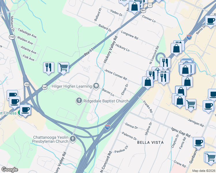map of restaurants, bars, coffee shops, grocery stores, and more near 1901 Payne Road in Chattanooga