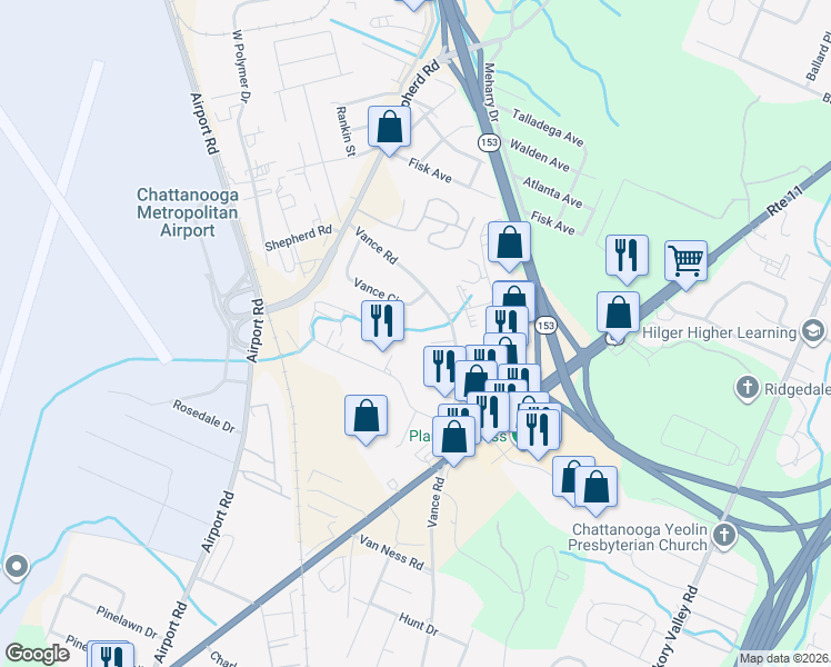 map of restaurants, bars, coffee shops, grocery stores, and more near 6136 Vance Circle in Chattanooga