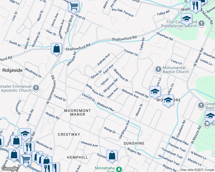 map of restaurants, bars, coffee shops, grocery stores, and more near 729 Mcgowan Road in Chattanooga