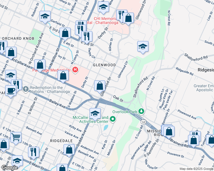 map of restaurants, bars, coffee shops, grocery stores, and more near 205 Glenwood Drive in Chattanooga