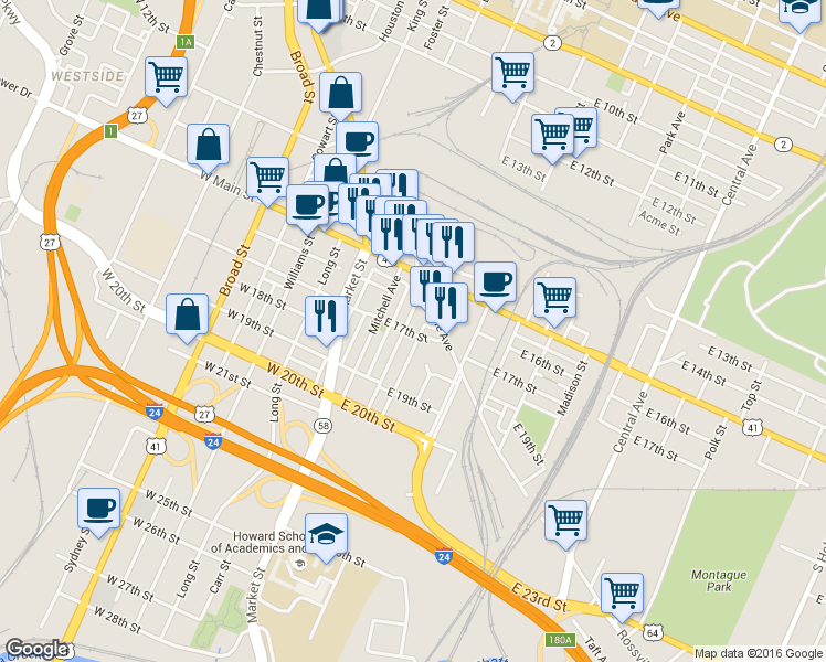 map of restaurants, bars, coffee shops, grocery stores, and more near East Main Street in Chattanooga