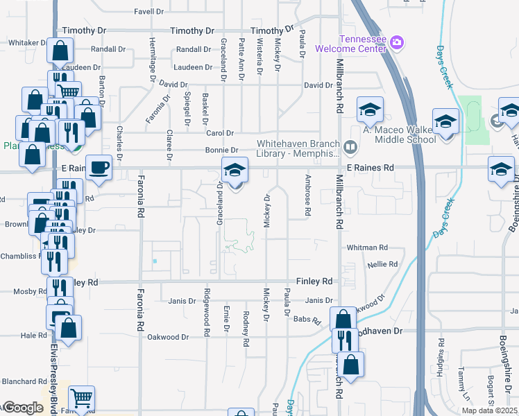 map of restaurants, bars, coffee shops, grocery stores, and more near 4201 Mickey Drive in Memphis