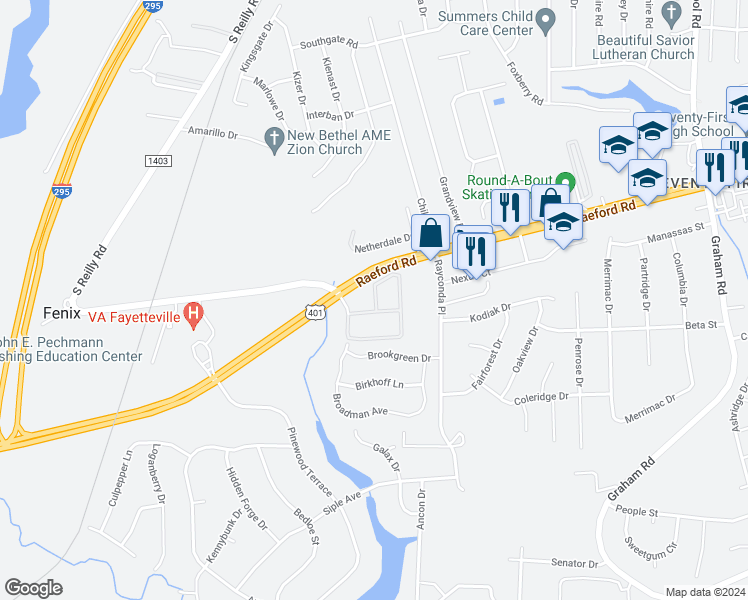 map of restaurants, bars, coffee shops, grocery stores, and more near 1908 Harcourt Circle in Fayetteville