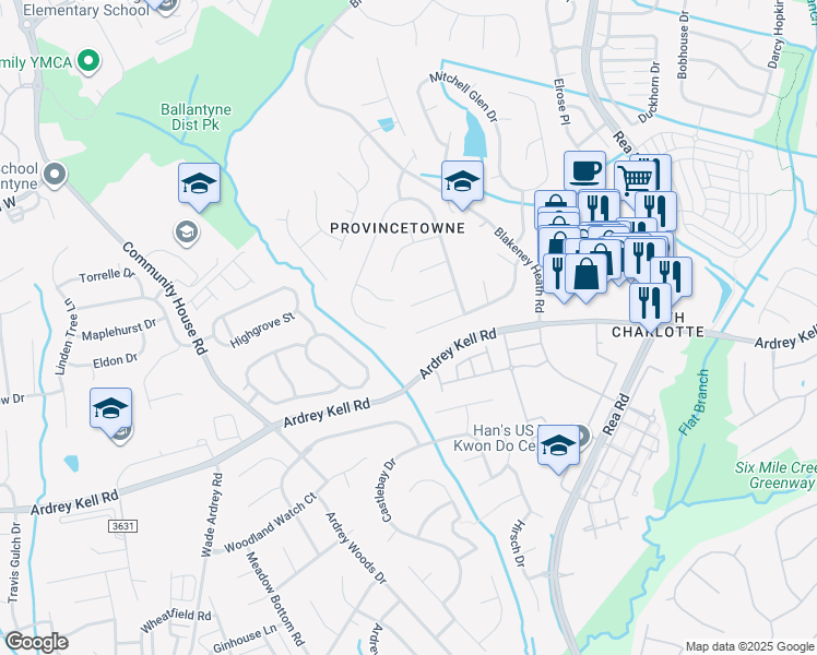 map of restaurants, bars, coffee shops, grocery stores, and more near 8804 Stags Leap Court in Charlotte