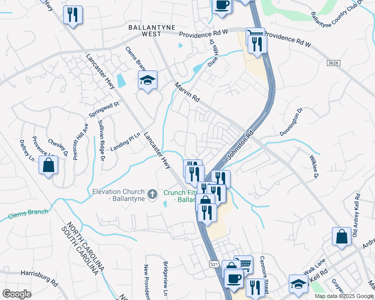 map of restaurants, bars, coffee shops, grocery stores, and more near 11944 Royal Castle Court in Charlotte