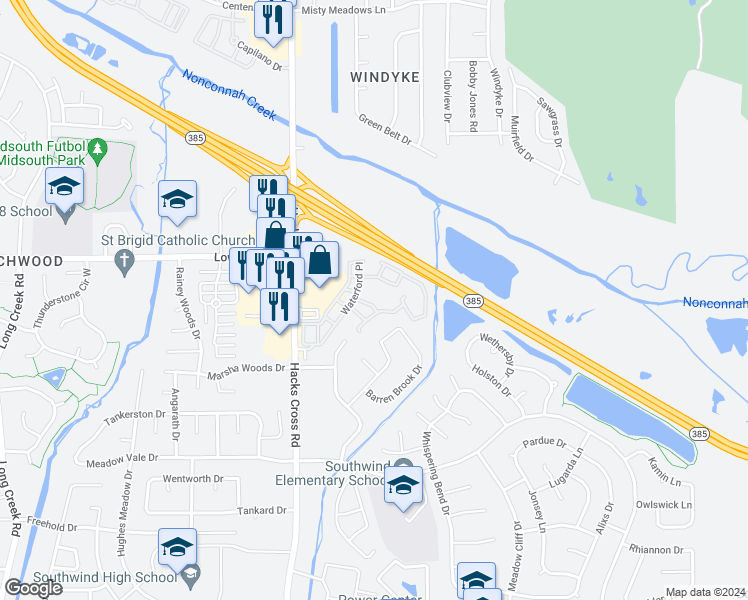 map of restaurants, bars, coffee shops, grocery stores, and more near 8065 Waterford Place in Memphis