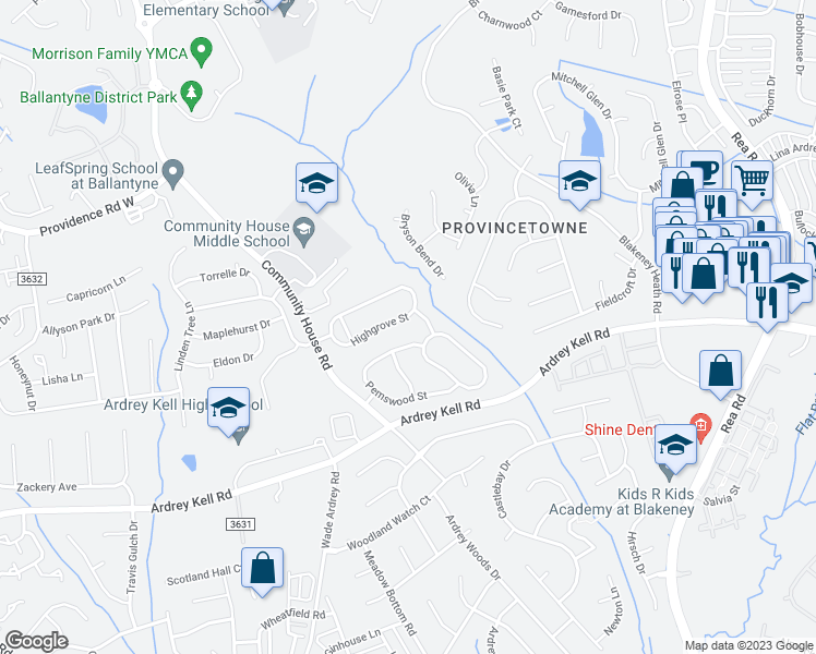 map of restaurants, bars, coffee shops, grocery stores, and more near 8514 Highgrove Street in Charlotte