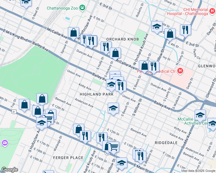 map of restaurants, bars, coffee shops, grocery stores, and more near 1712 Bailey Avenue in Chattanooga