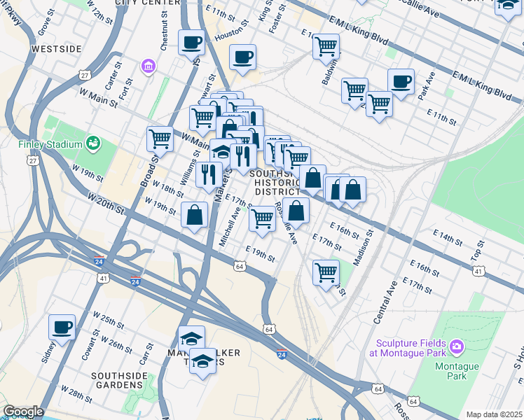 map of restaurants, bars, coffee shops, grocery stores, and more near 1624 Read Avenue in Chattanooga