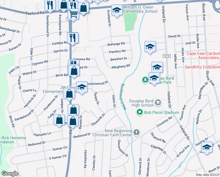 map of restaurants, bars, coffee shops, grocery stores, and more near 4802 Hurley Drive in Fayetteville