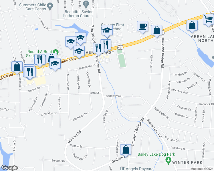 map of restaurants, bars, coffee shops, grocery stores, and more near 7178 Silverstone Drive in Fayetteville