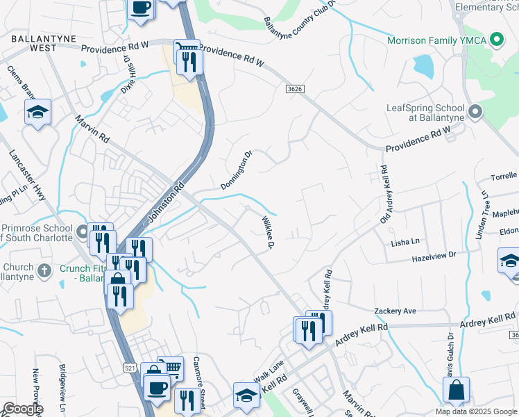 map of restaurants, bars, coffee shops, grocery stores, and more near 10805 Wilklee Drive in Charlotte