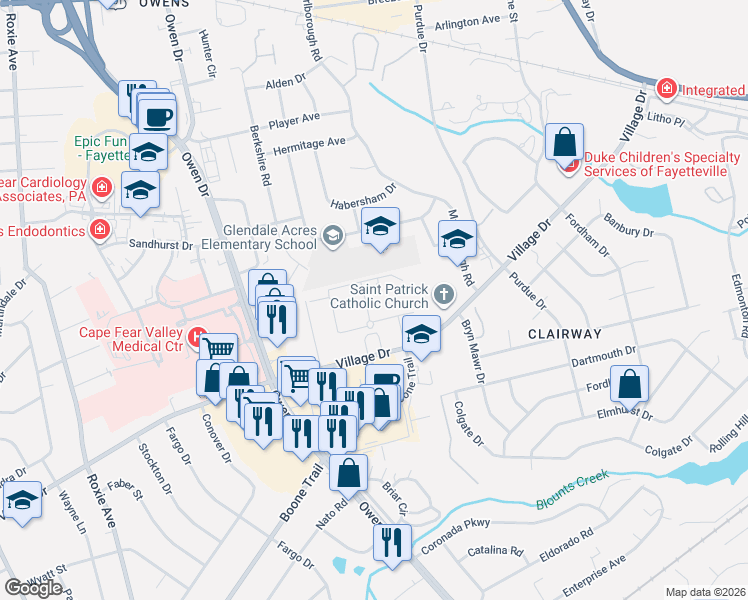 map of restaurants, bars, coffee shops, grocery stores, and more near 3311 Turtle Point Drive in Fayetteville