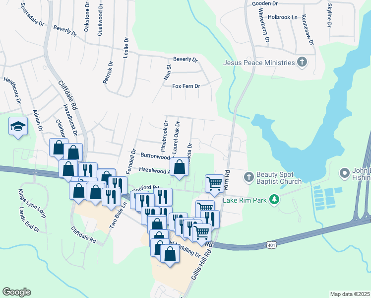 map of restaurants, bars, coffee shops, grocery stores, and more near 1504 Acacia Drive in Fayetteville