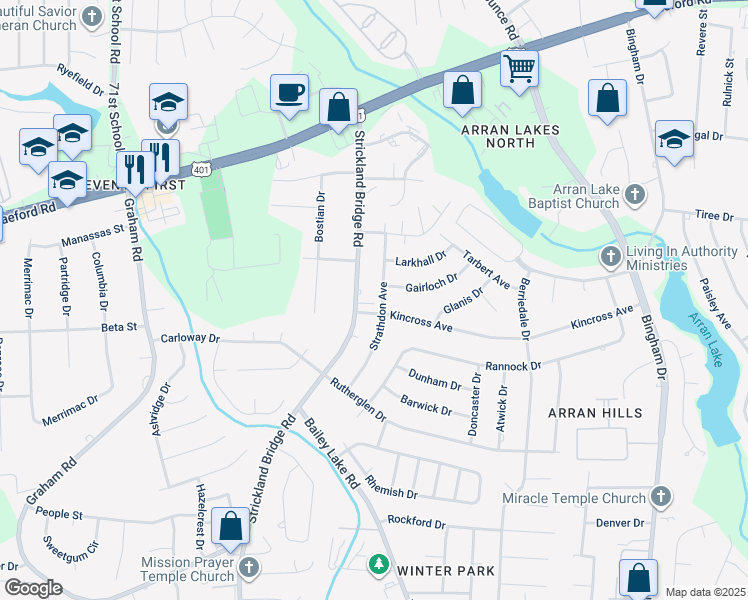 map of restaurants, bars, coffee shops, grocery stores, and more near 1093 Strathdon Avenue in Fayetteville