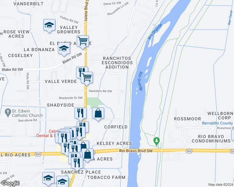 map of restaurants, bars, coffee shops, grocery stores, and more near 1427 Saunders Road Southwest in Albuquerque