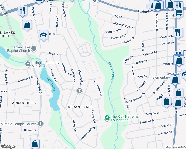 map of restaurants, bars, coffee shops, grocery stores, and more near 1439 Tangora Lane in Fayetteville