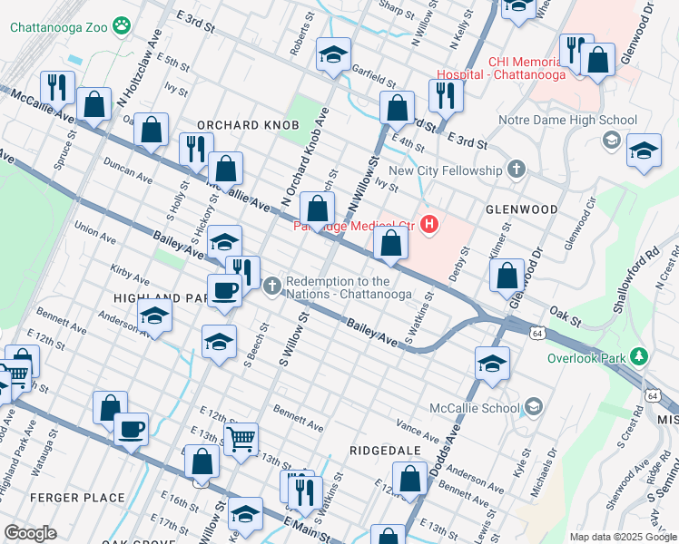 map of restaurants, bars, coffee shops, grocery stores, and more near in Chattanooga