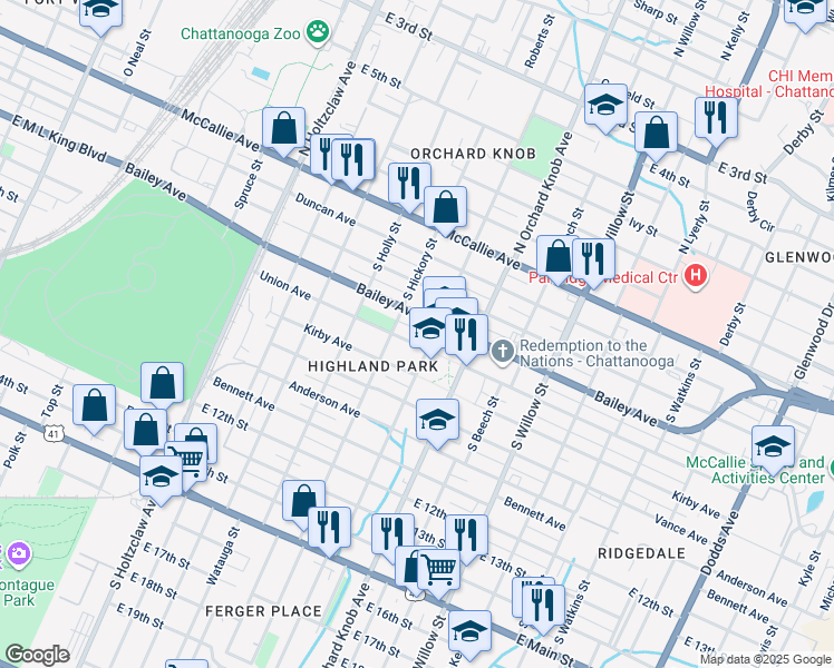 map of restaurants, bars, coffee shops, grocery stores, and more near 1712 Bailey Avenue in Chattanooga